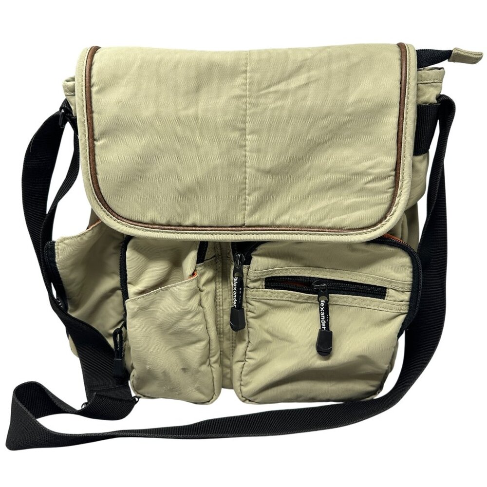 Derek Alexander Crossbody Messenger Bag Beige Black Orange Multi Pocket Hiking